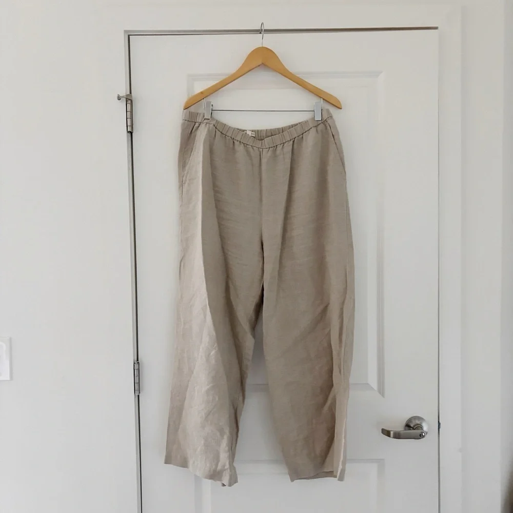 Eileen Fisher Linen Pull On Pants Elastic Neutral Minimalist - Picture 2 of 6